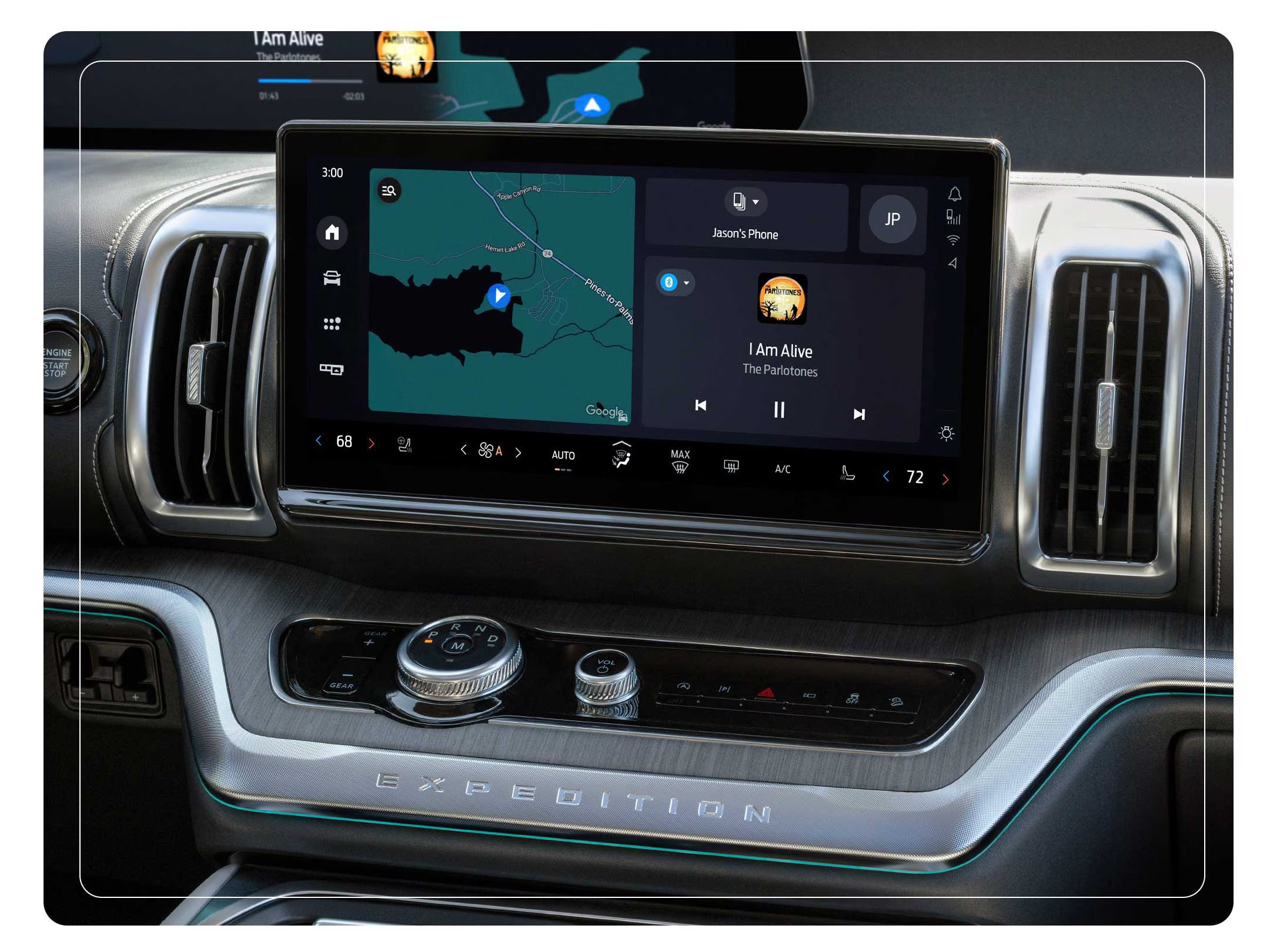 Close-up of the Ford Expedition's infotainment screen showing navigation and media options.