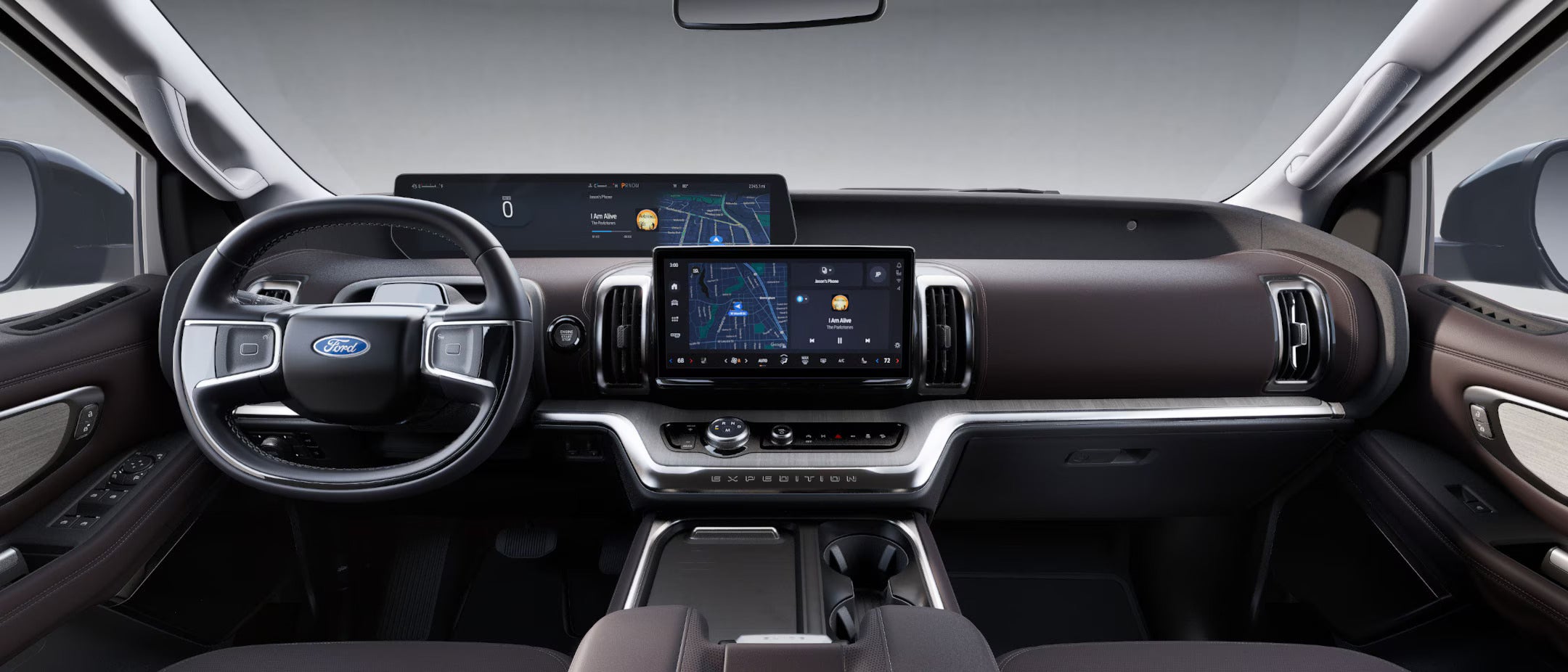 Interior view of the Ford Expedition featuring a modern dashboard with a digital display and premium materials